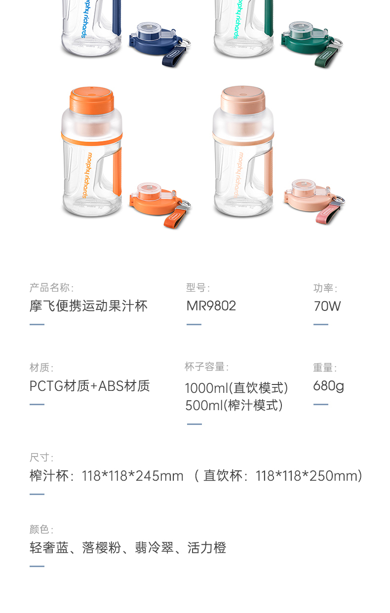 商品[国内直发] Morphy Richards|无线榨汁杯便携式小胖吨桶MR9802便携户外运动果汁搅拌杯1L大容量,价格¥251,第28张图片详细描述