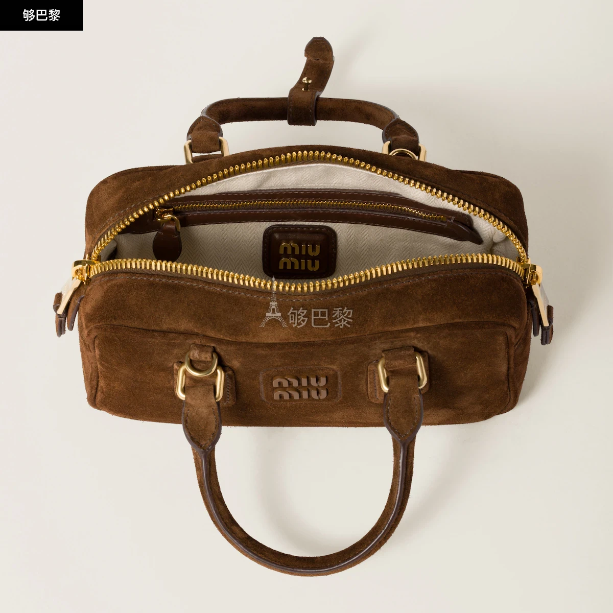 商品Miu Miu|【预售】 缪缪 25春夏 女士 手提包 Sac à main en suède matelassé Arcadie 5BB142_2CS4_F0324_V_OON,价格¥23169,第3张图片详细描述