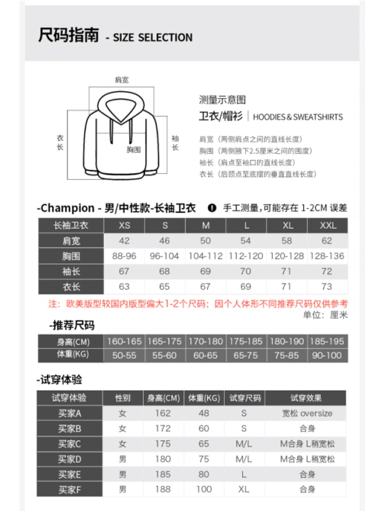 商品CHAMPION|冠军左胸小Clogo男女同款圆领加绒套头卫衣 GF70-Y06145,价格¥417,第6张图片详细描述