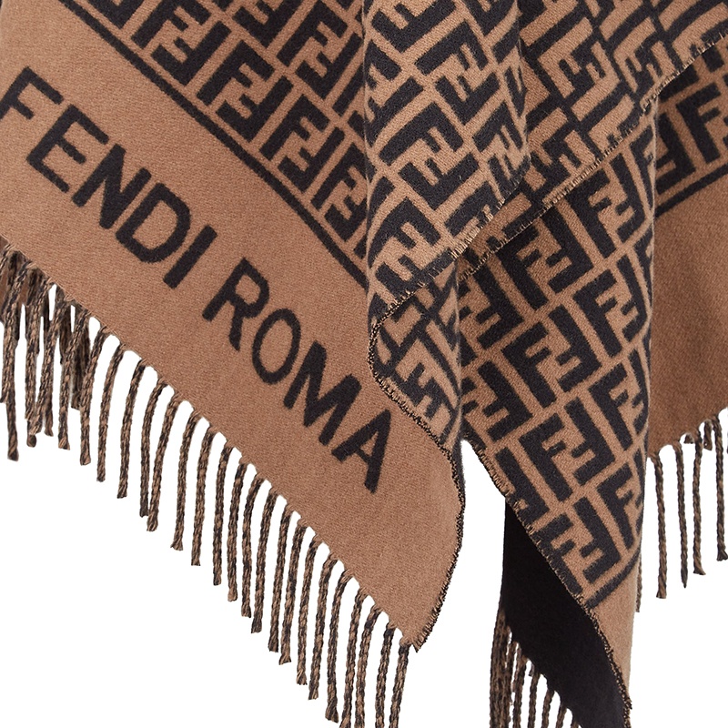 商品Fendi|【现货】芬迪男女通用棕色羊毛羊绒混纺FF印斗篷披肩FXX723AQCWF0QE1,价格¥10840,第2张图片详细描述