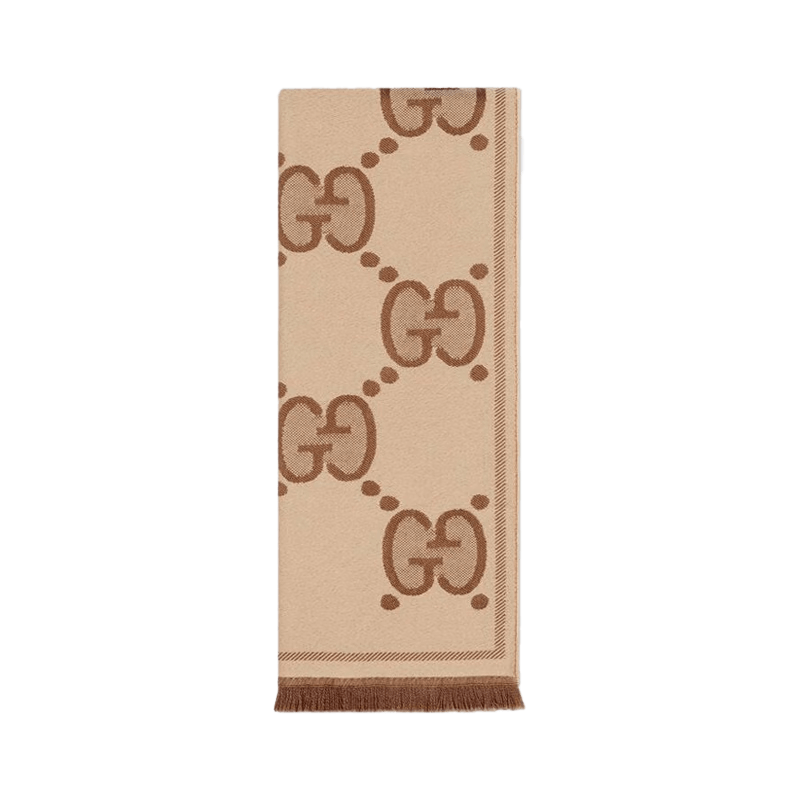 商品Gucci|古驰 经典款 女士棕色GG提花羊毛围巾5815373G2009764,价格¥3218,第7张图片详细描述