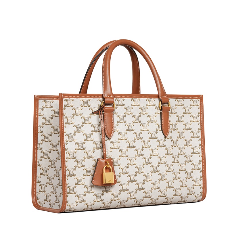 商品Celine|【包税】CELINE/赛琳 22新款 女士迷你款白色老花帆布棕褐色皮革饰边横款单肩手提托特包199742BZJ.01BC,价格¥12859,第4张图片详细描述