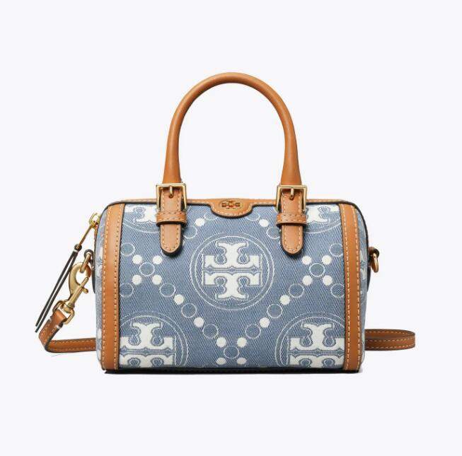 商品Tory Burch|TB汤丽柏琦T MONOGRAM 迷你提花酒桶包拉链开合手提单肩斜挎桶包（香港仓发货）,价格¥2605,第2张图片详细描述