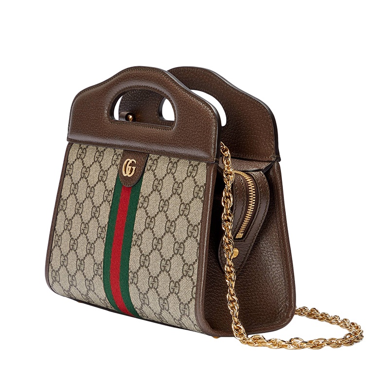 商品Gucci|【现货】古驰 22春夏新款Ophidia系列 女士小号米色/乌木色老花帆布配棕色皮革红绿织带金扣链式单肩手提包托特包 69372496IWO8745,价格¥12911,第3张图片详细描述