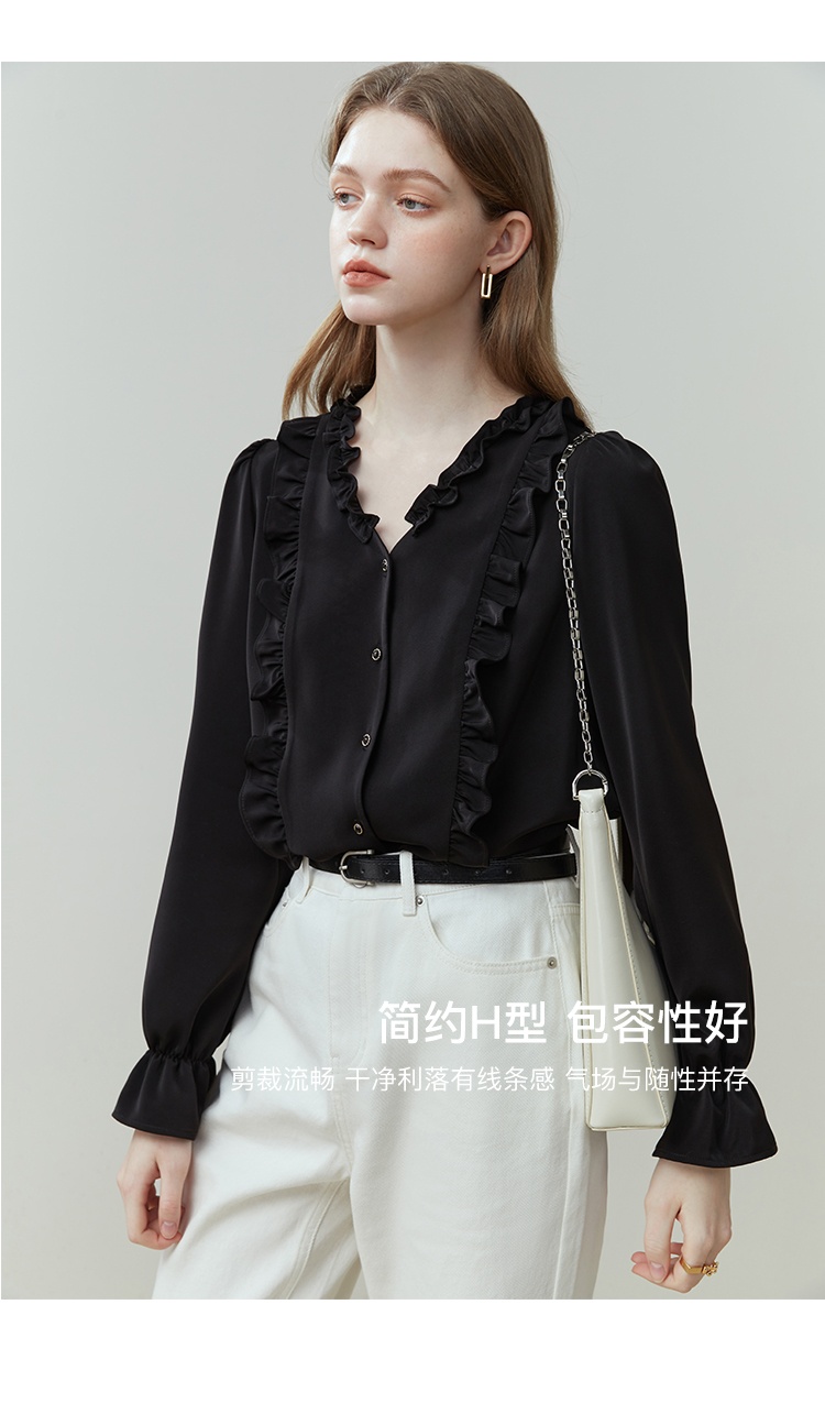商品[国内直发] GLENVINTEN|格岚云顿新款法式木耳花边衬衫女长袖春秋款V领宫廷风上衣,价格¥280,第4张图片详细描述