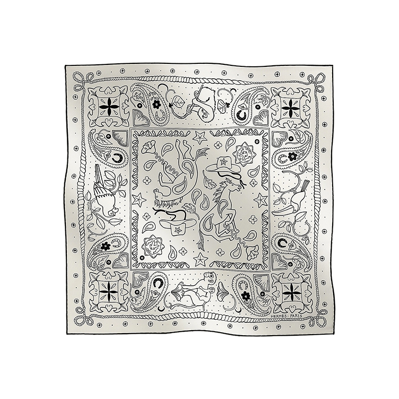 商品Hermes|爱马仕女士灰白色桑蚕丝动物王国印花丝巾H044100S09,价格¥2047,第3张图片详细描述