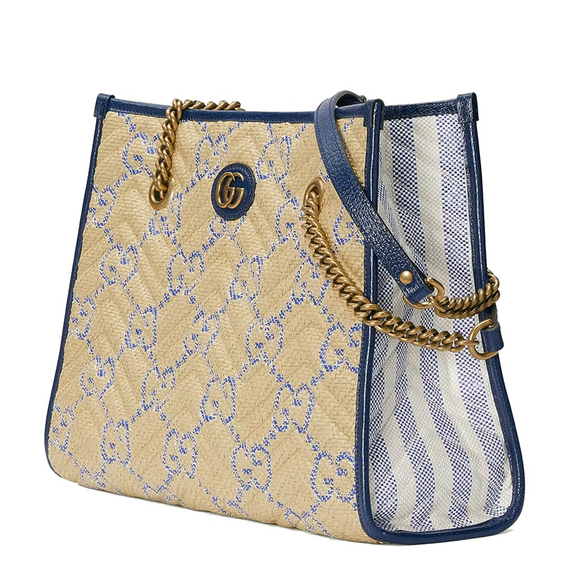 商品Gucci|【包税】GUCCI/古驰 22新款 GG Marmont系列 女士中号米色/蓝色拉菲草效果老花印花织物配皮金扣徽标金链单肩斜挎托特包675796UWBLT8925,价格¥17164,第8张图片详细描述