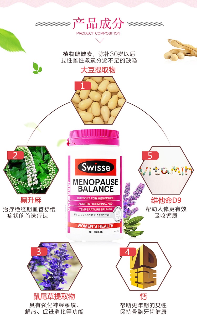 商品Swisse|澳洲Swisse更年期平衡片大豆异黄酮缓解更年期情绪保护卵巢60粒,价格¥163,第3张图片详细描述