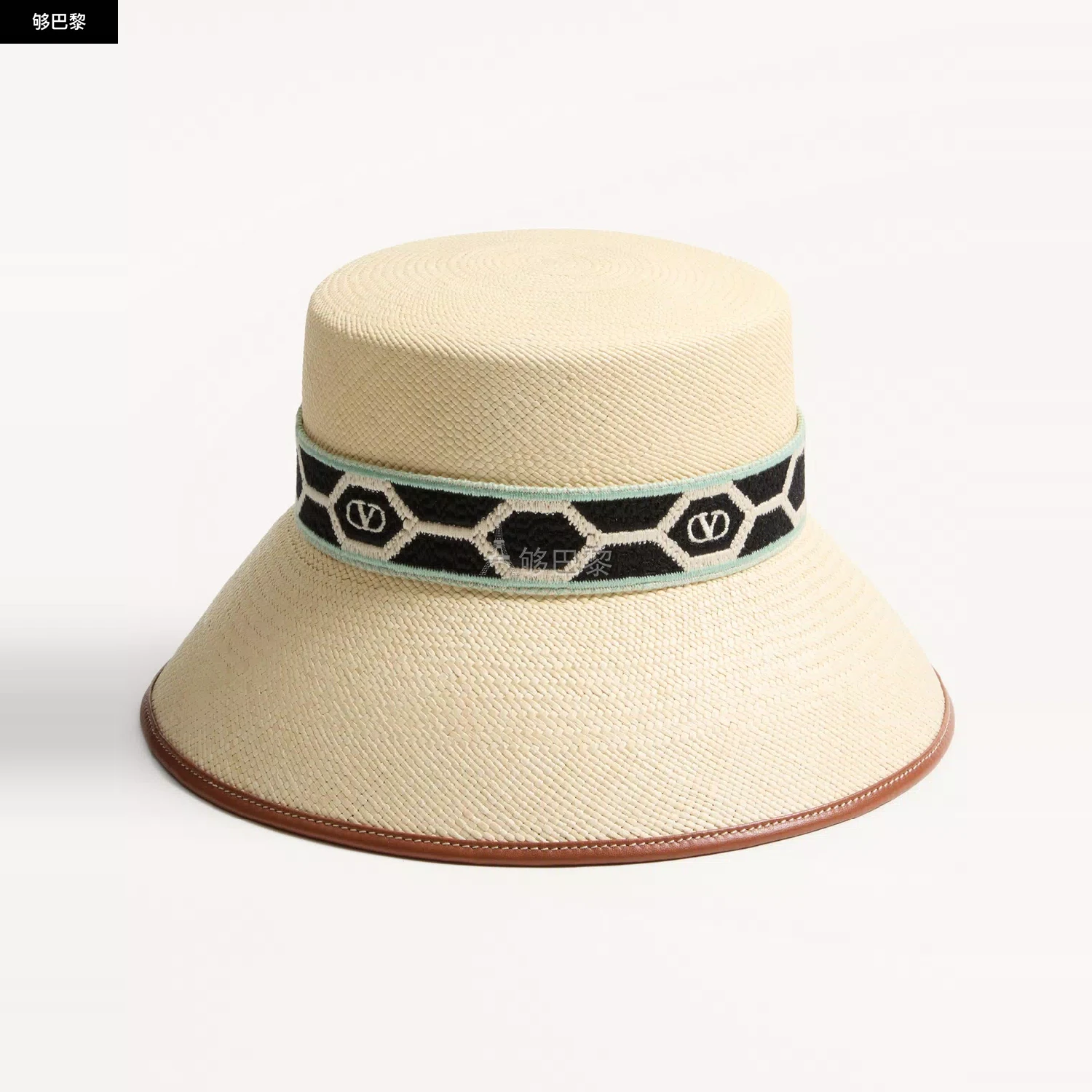 商品Valentino|【预售】 华伦天奴 25春夏 女士 遮阳帽 BOB ANTIBES EN PAILLE AVEC BORDURE EN CUIR ET RUBAN À MOTIF LOSANGES WHGA40JEJ_BYP,价格¥6804,第5张图片详细描述