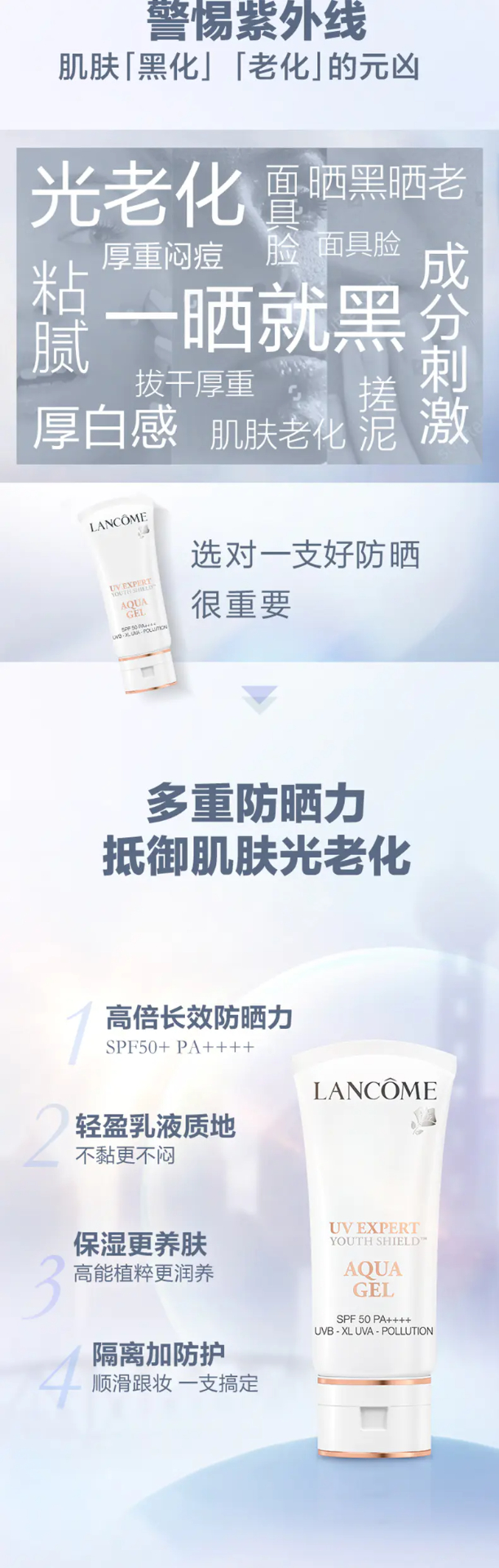 商品Lancôme|兰蔻防晒50ml轻透水漾防晒乳小白管 SPF50 PA++++  清爽型新旧款随机发 香港直邮【活动专享】,价格¥234,第3张图片详细描述