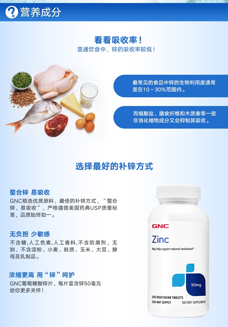 商品[国内直发] GNC|美国健安喜GNC葡萄糖酸锌片50mg250粒 ZINC 补锌,价格¥75,第5张图片详细描述