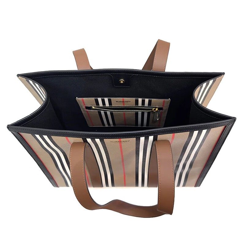 商品Burberry|BURBERRY/博柏利 女士米色帆布制LOGO条纹托特手提包80730561,价格¥2723,第5张图片详细描述