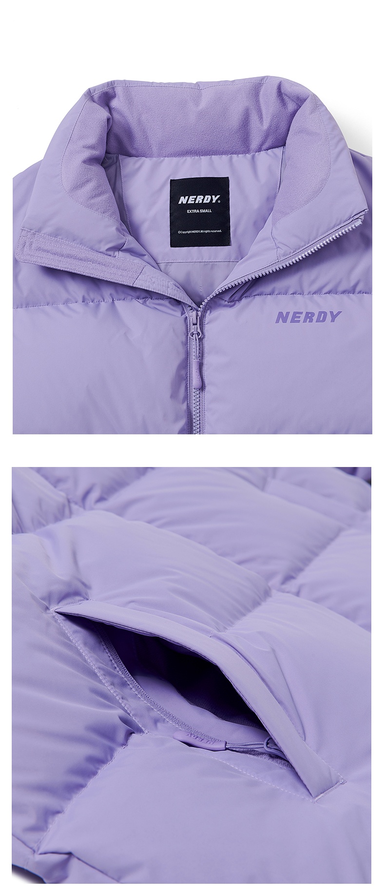 商品NERDY|【享贝家】NERDY 2022秋冬新款经典logo简约短款立领羽绒服 男女同款 浅紫色\奶白色\浅灰色\黑色（预售款，10天发货） PNEW22DJ0/浅灰色PNEW22DJ023506/黑色PNEW22DJ020105,价格¥703,第8张图片详细描述