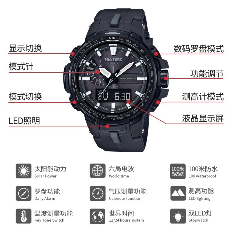 商品[国内直发] Casio|卡西欧高端登山系列PROTREK PRW-6100Y-1B 电波太阳能 夜光 100M防水 双LED灯 指针自动修正 罗盘功能 气压测量功能,价格¥2923,第6张图片详细描述