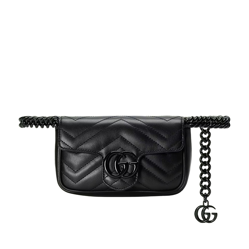 商品Gucci|GUCCI/古驰 22春夏新款GG Marmont系列 女士黑色V型绗缝皮革双G扣翻盖单肩斜挎包腰包‎699757UM8KV1000,价格¥10195,第4张图片详细描述