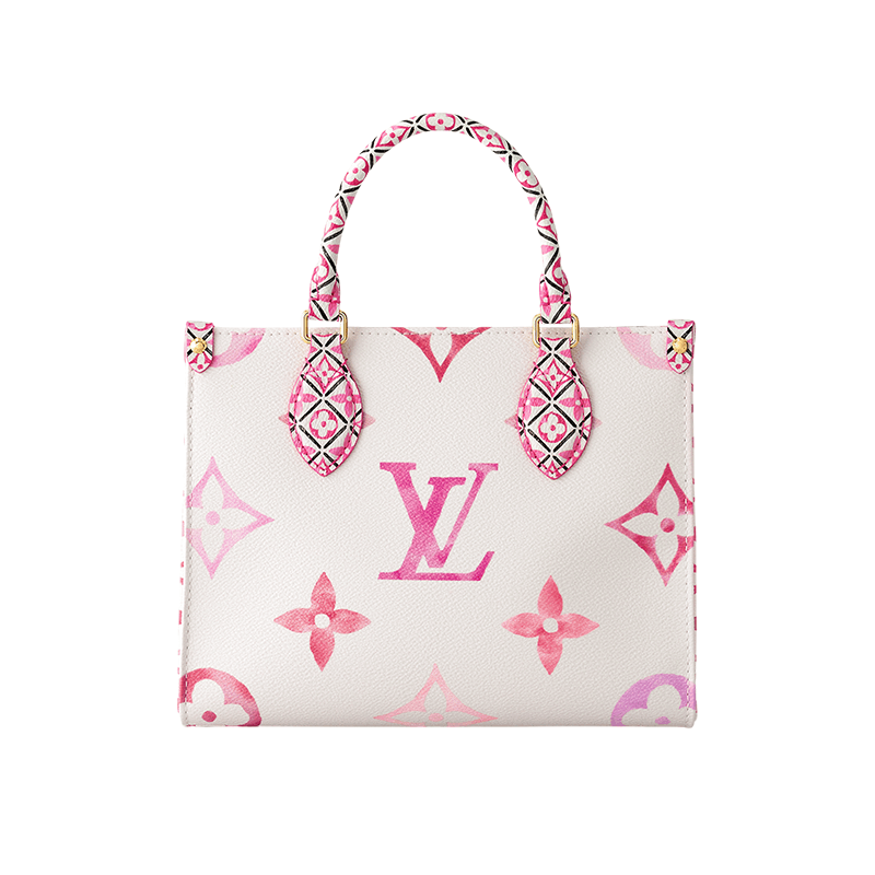 商品Louis Vuitton|【预售十天】路易威登 23新款 OnTheGo女士小号奶油白色/玫瑰粉色交织字母帆布花卉印花托特包 M22976,价格¥22684,第3张图片详细描述