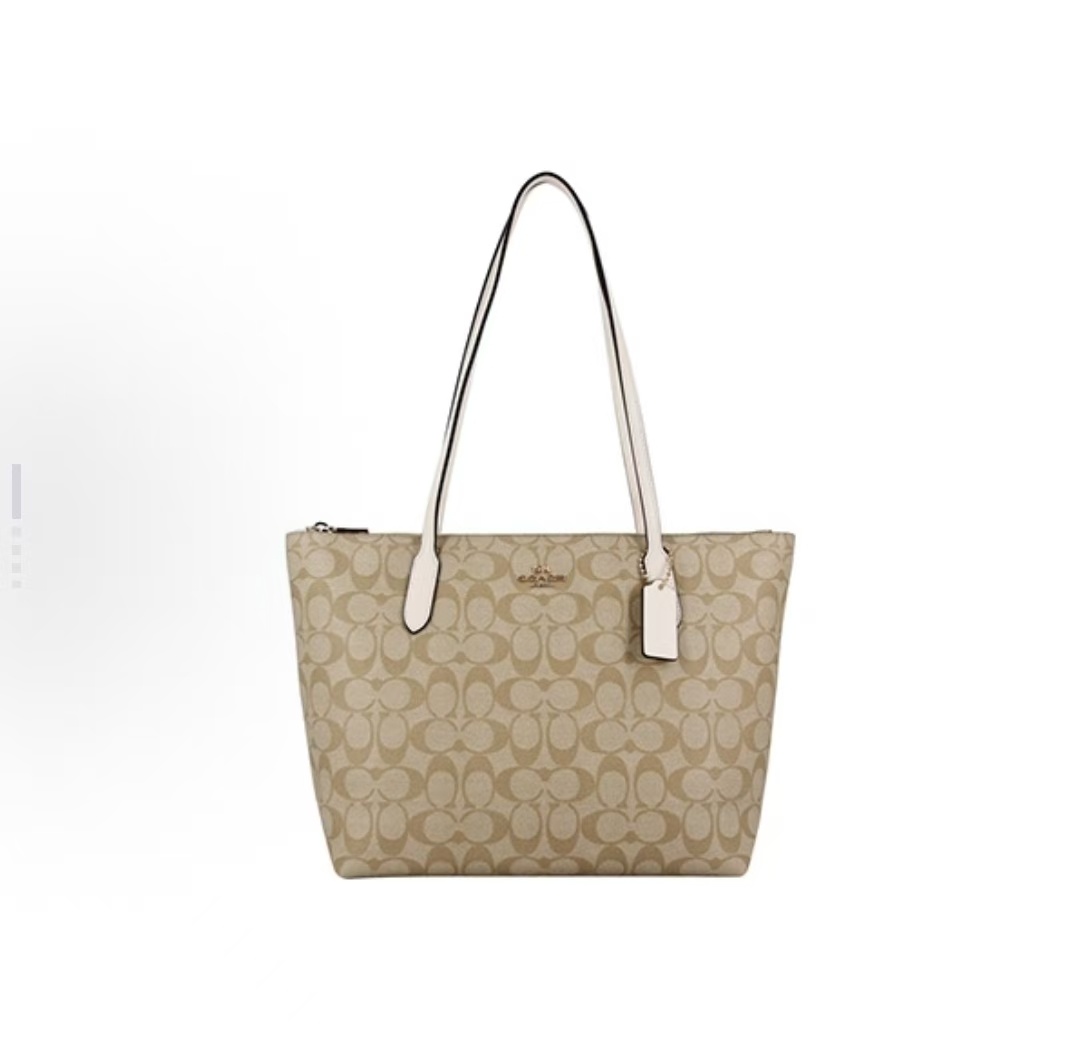 商品[国内直发] Coach|COACH蔻驰 Zip Top Tote 30 老花帆布配皮托特包Tote包购物袋单肩包 大号 女款 白色配棕色老花,价格¥1252,第1张图片详细描述