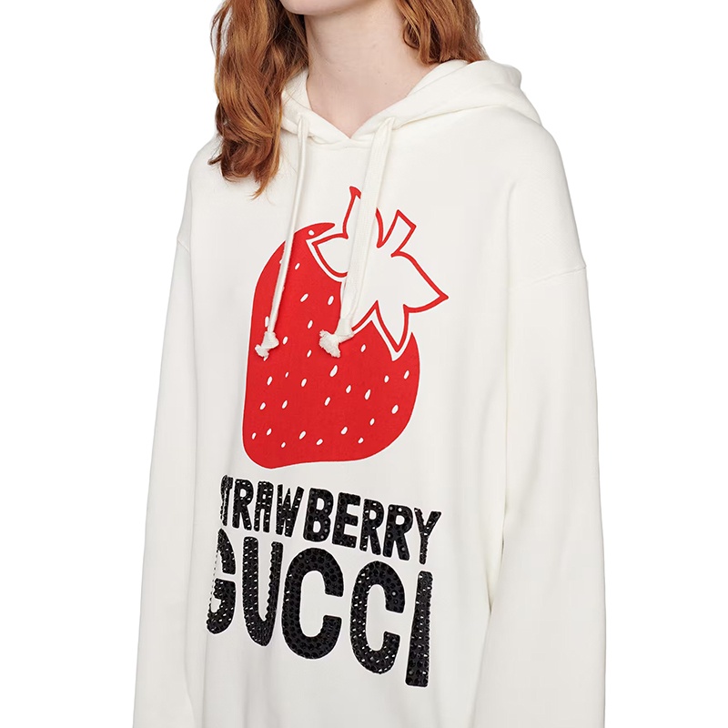 商品Gucci|【现货】古驰 Aria系列 女士米白色重磅毛毡针织纯棉草莓印花连帽卫衣,价格¥6772,第5张图片详细描述