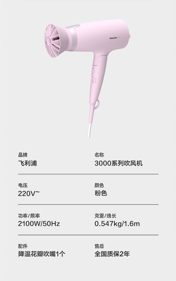 商品[国内直发] Philips|飞利浦BHD388 吹风机大功率负离子护发宿舍用学生电吹风机吹风筒,价格¥325,第17张图片详细描述