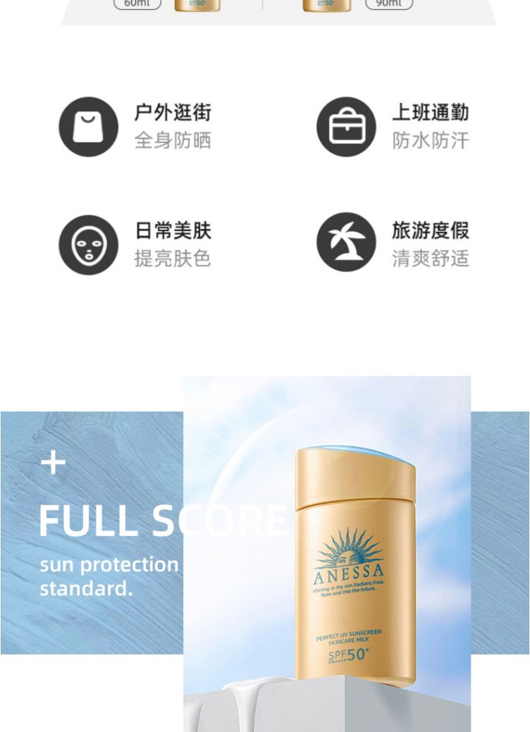商品ANESSA|Anessa资生堂安耐晒小金瓶防晒霜60ml,价格¥148,第4张图片详细描述