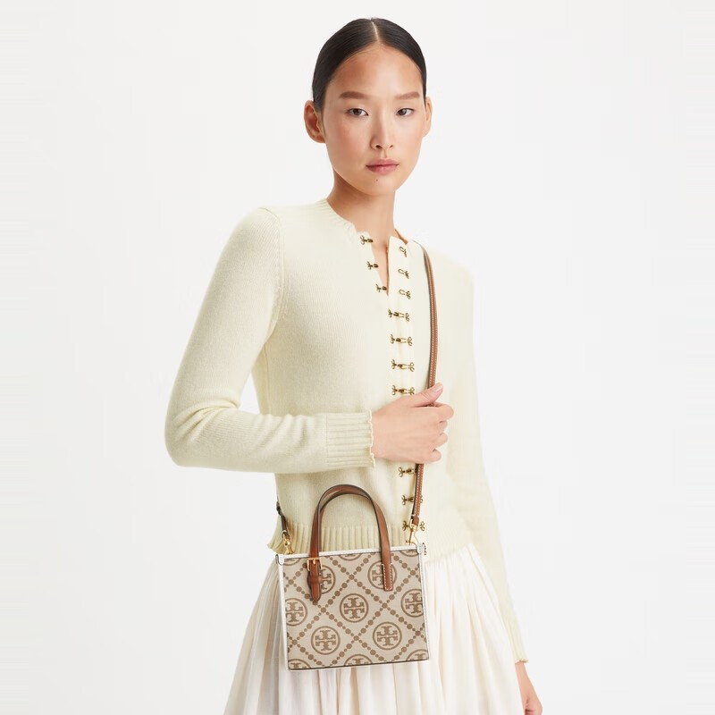 商品[国内直发] Tory Burch|汤丽柏琦TB女包专柜款 T MONOGRAM迷你托特包斜挎包女包147682-300榛子棕,价格¥730,第1张图片详细描述