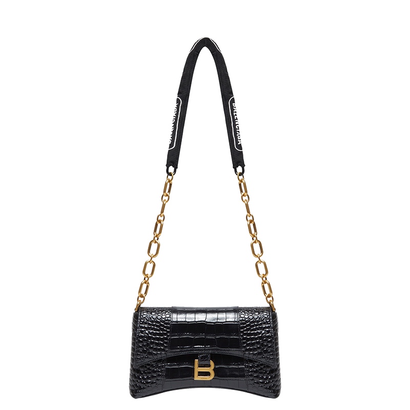 商品Balenciaga|BALENCIAGA/巴黎世家 Downtown系列 女士XS号黑色牛皮革鳄鱼压纹弯曲徽标链式单肩包 6891212106F1090,价格¥14192,第2张图片详细描述