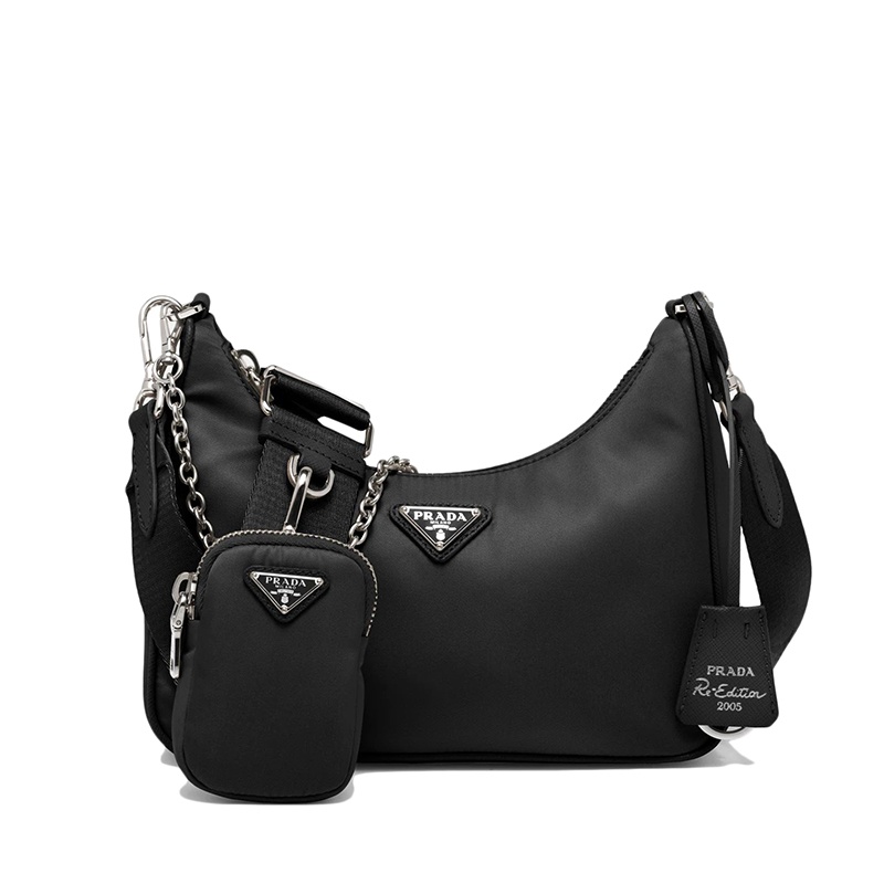 商品Prada|PRADA/普拉达 经典Re-Edition 2005系列 女士黑色再生尼龙皮革饰边涂珐琅金属三角形徽标三合一单肩斜挎手提包,价格¥12983,第2张图片详细描述