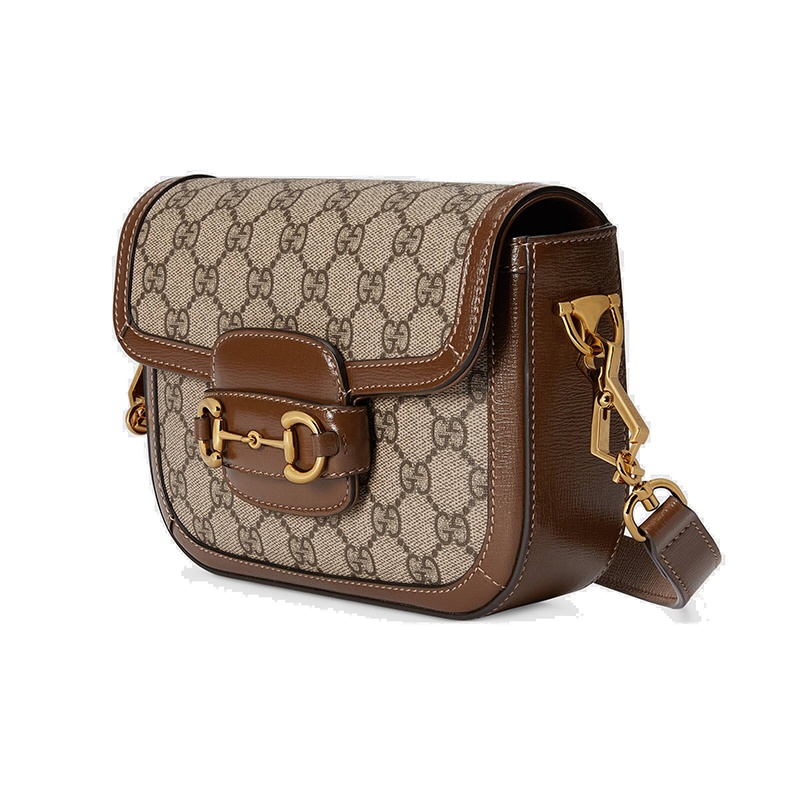 商品Gucci|GUCCI/古驰 Horsebit 1955系列 女士迷你米色帆布棕色皮革饰面复古翻盖单肩斜挎包658574 HUHHG 8565,价格¥22284,第4张图片详细描述