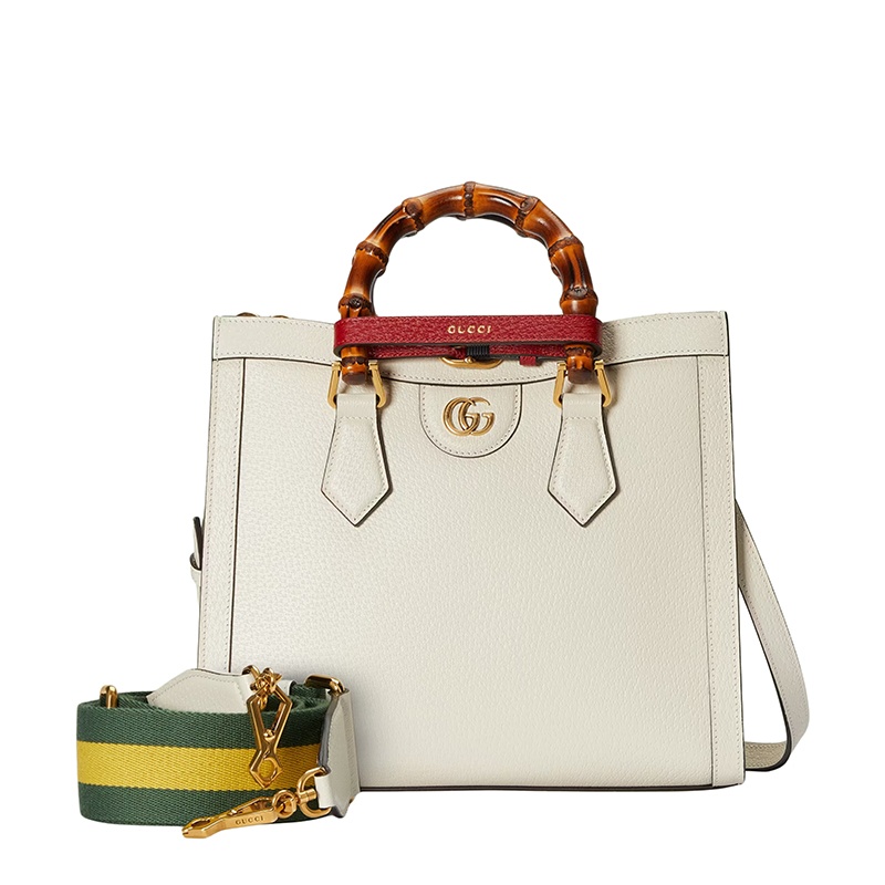 商品Gucci|GUCCI/古驰 22春夏新款Diana系列 女士小号白色皮革红色饰带金扣双竹节提手黄绿肩带单肩手提托特包702721U3ZDT9196,价格¥26021,第4张图片详细描述