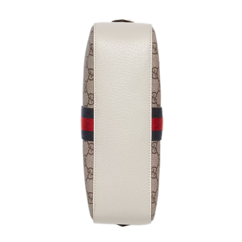 商品Gucci|GUCCI/古驰 22春夏新款Ophidia系列 女士迷你米色/乌木色老花帆布白色皮革滚边红蓝织带细节金扣拉链开合斜跨单肩包,价格¥7190,第8张图片详细描述