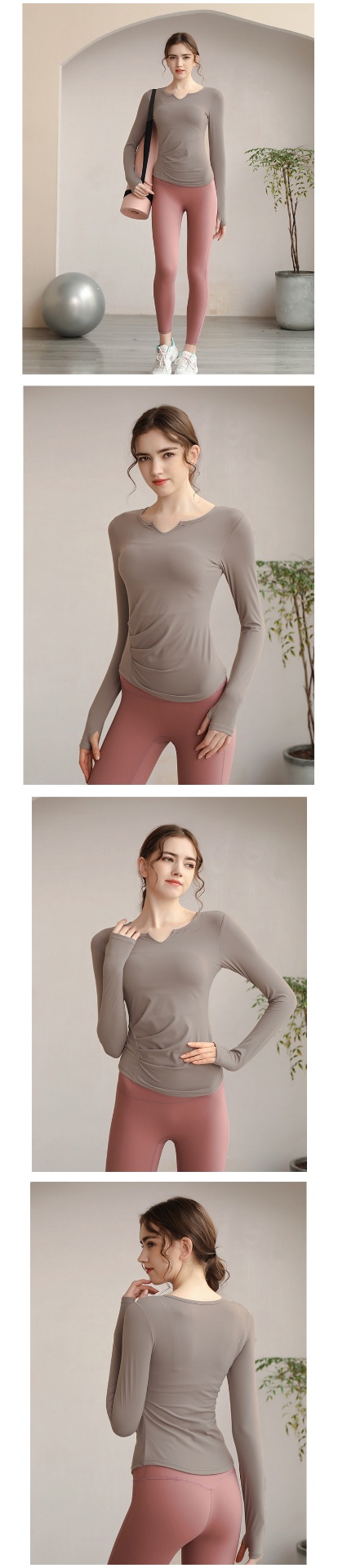 商品[国内直发] GLENVINTEN|格兰云顿新款v领长袖瑜伽服上衣女夏带胸垫速干运动舞蹈健身服t恤长款显瘦修身,价格¥258,第8张图片详细描述