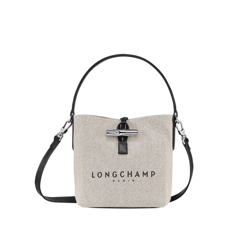 商品Longchamp|珑骧 女士米色棉/帆布混纺饰有LOGO字母银色五金搭扣开合可拆卸肩带水桶包,价格¥2826,第2张图片详细描述