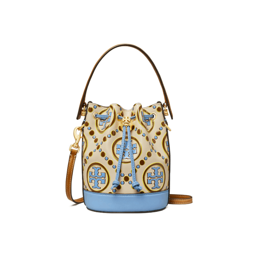 商品[国内直发] Tory Burch|汤丽柏琦TB 女士T Monogram 撞色双T压花抽绳开合水桶包手提斜挎包迷你145527-400,价格¥2479,第1张图片详细描述