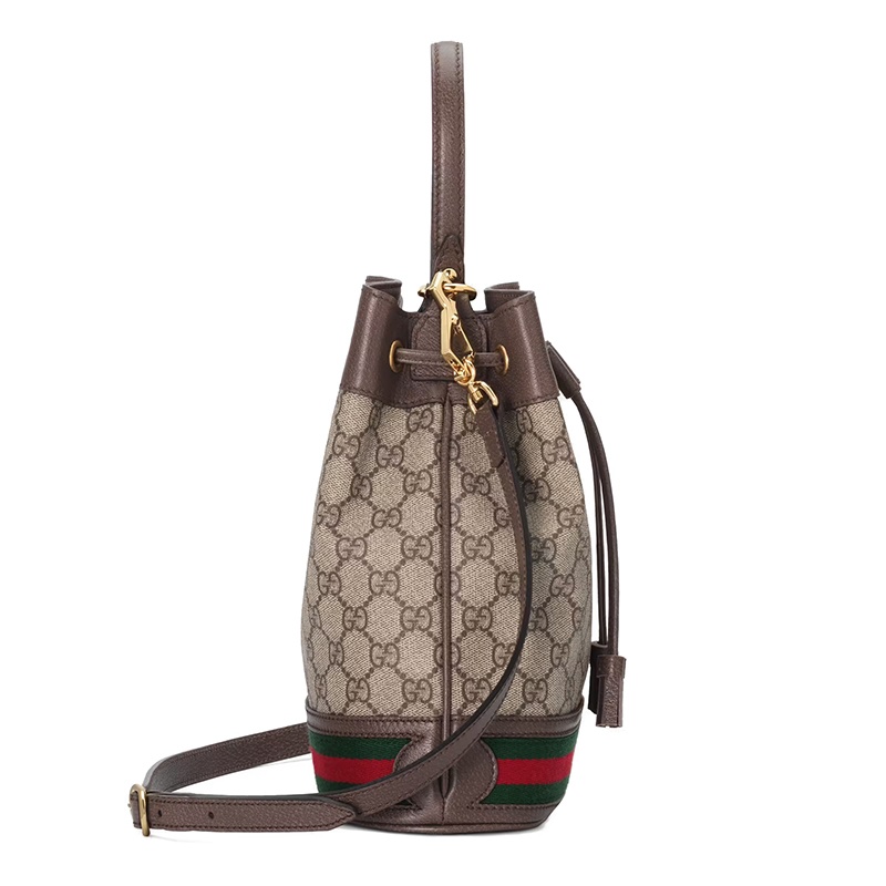 商品Gucci|GUCCI/古驰 经典款Ophidia系列 女士小号米色乌木色Supreme帆布棕色皮革红绿条纹GG水桶包55062196I3B8745,价格¥12974,第4张图片详细描述