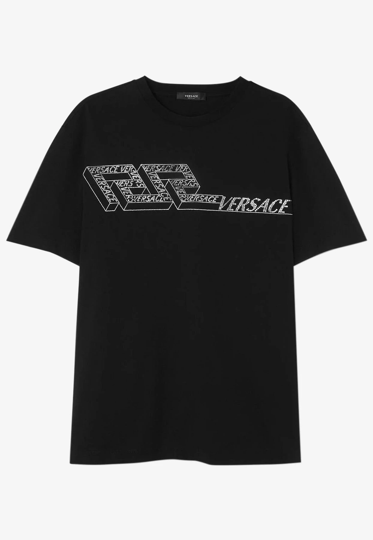 商品[国内直发] Versace|VERSACE 男士黑色棉质饰有水钻徽标字母LOGO印花圆领短袖T恤 1006447-1A04416-1B000,价格¥7423,第1张图片详细描述