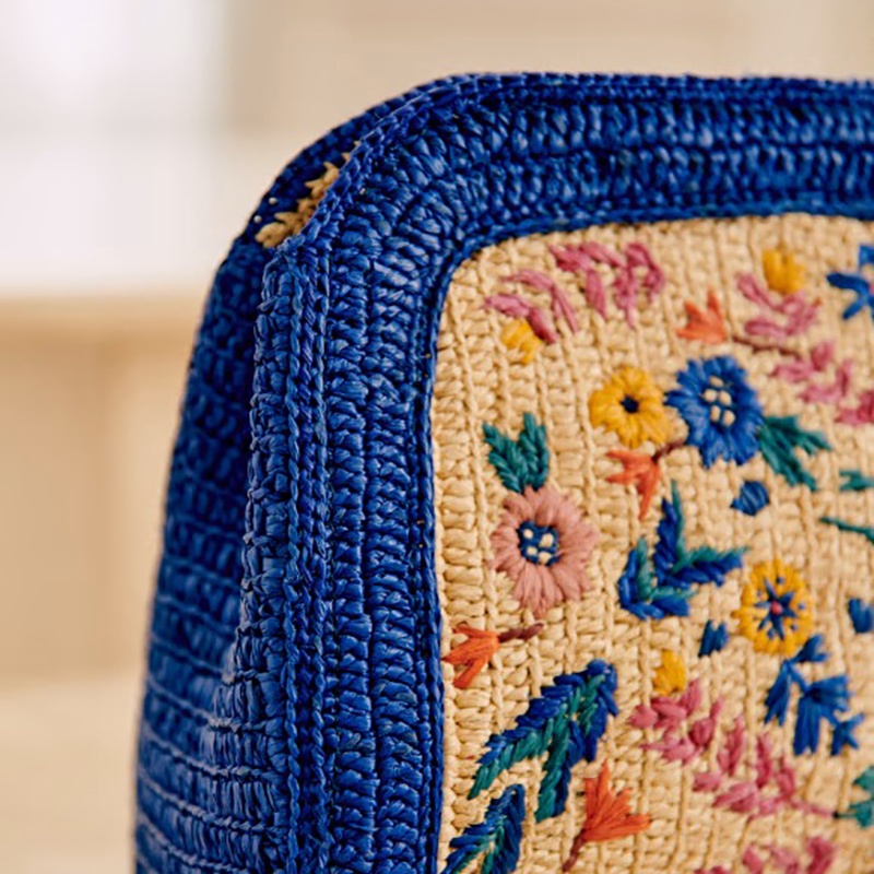 商品SEZANE|SEZANE 23新款 女士蓝/自然色拉菲草编织配皮花朵刺绣手拿包,价格¥1560,第2张图片详细描述