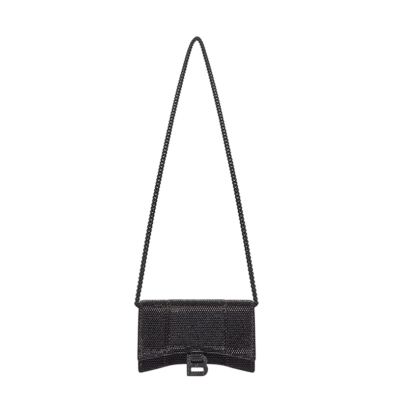 商品Balenciaga|Balenciaga/巴黎世家 HOURGLASS系列 女士黑色绒面小牛皮镶嵌水钻链条单肩斜挎手拿沙漏钱包65605028D071071,价格¥26302,第4张图片详细描述