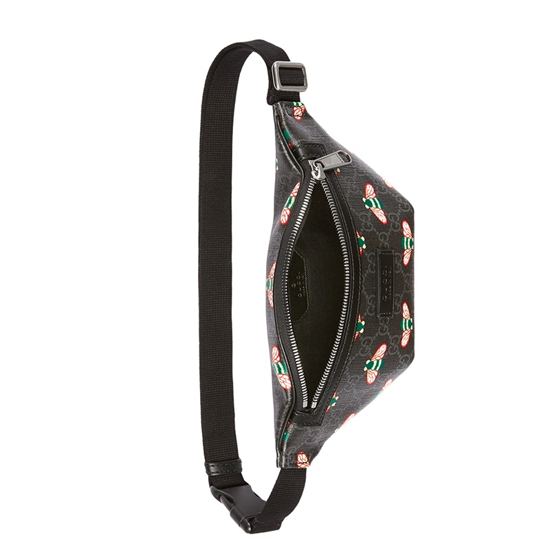 商品Gucci|GUCCI/古驰 Bestiary系列 男士老花帆布彩色蜜蜂图案印花黑色皮革饰边斜挎包腰包,价格¥7188,第6张图片详细描述
