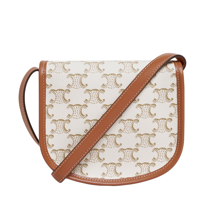 商品Celine|CELINE/赛琳 22春夏新款BESACE系列 女士迷你白色老花凯旋帆布黄褐色皮革饰边翻盖单肩斜挎马蹄包,价格¥8025,第3张图片详细描述