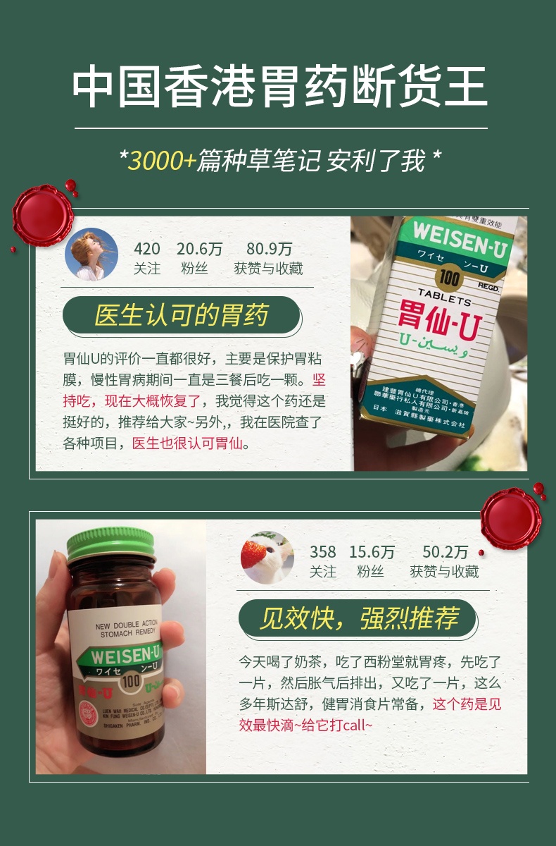 商品WEISEN-U|日本港版胃仙U胃药缓解胃酸胃痛100粒,价格¥226,第7张图片详细描述