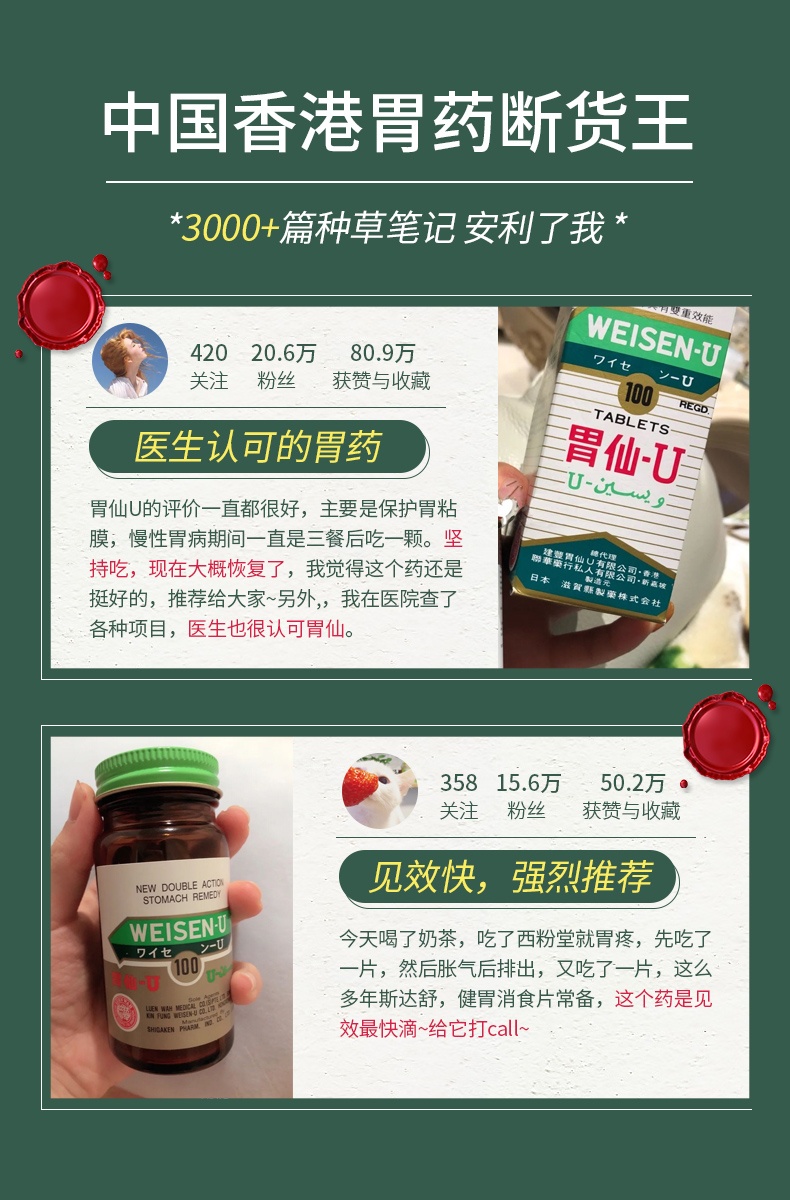 商品WEISEN-U|日本港版胃仙U胃药缓解胃酸胃痛100粒,价格¥225,第9张图片详细描述