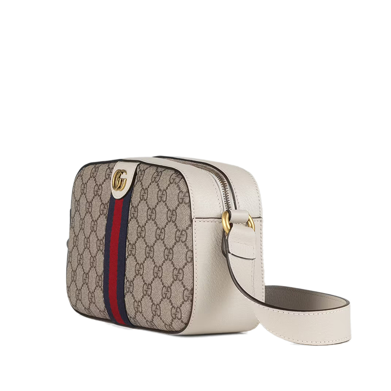商品Gucci|GUCCI/古驰 22春夏新款Ophidia系列 男女同款米色/乌木色帆布白色皮革滚边金扣斜跨单肩相机包68106496IWT9794,价格¥9260,第3张图片详细描述