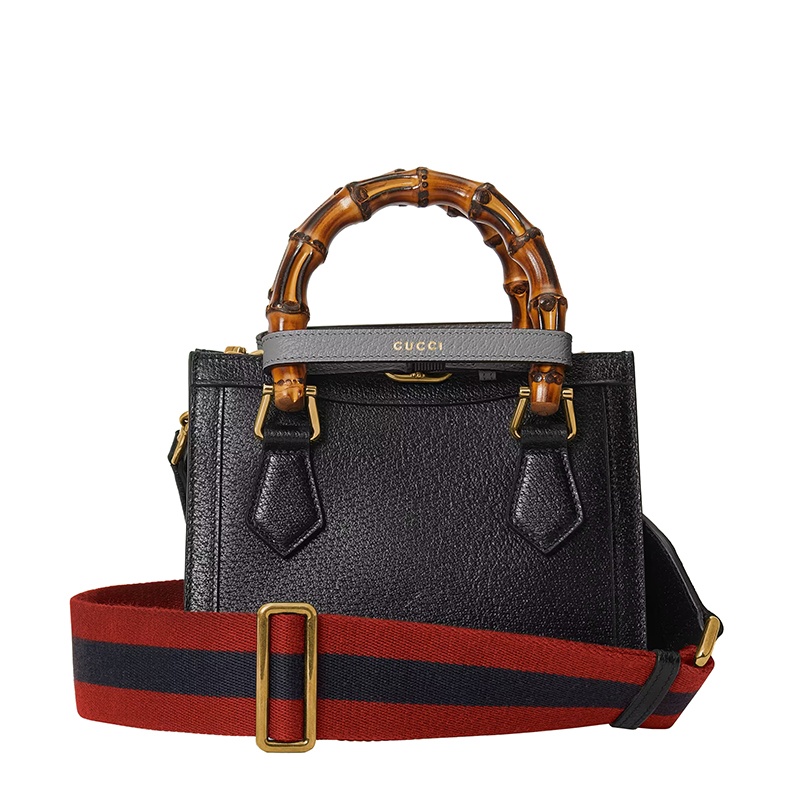 商品Gucci|GUCCI/古驰 22春夏新款Diana系列 女士迷你黑色皮革灰色饰带金扣双竹节提手单肩手提托特包702732U3ZDT1260,价格¥21538,第5张图片详细描述