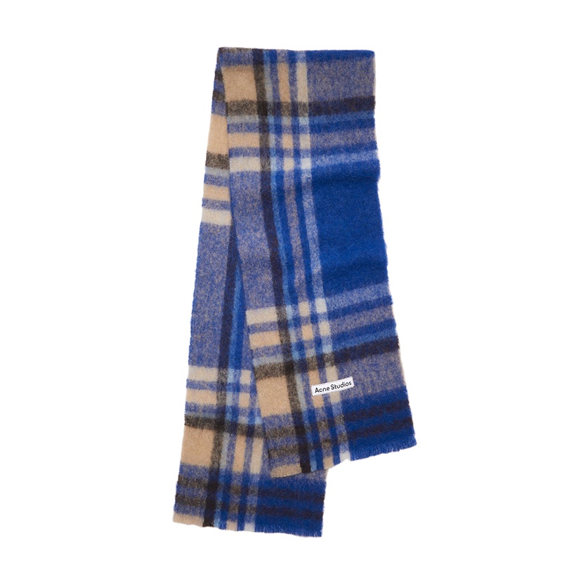 商品Acne Studios|ACNE STUDIOS 男女同款电光蓝/米色格纹徽标羊毛马海毛羊驼毛混纺围巾,价格¥2072,第3张图片详细描述