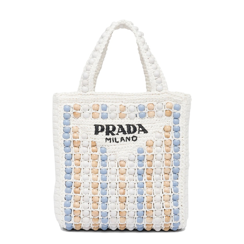 商品Prada|PRADA/普拉达 22新款 女士白色酒椰纤维搭配彩色木质球串珠单肩手提托特包,价格¥12143,第2张图片详细描述
