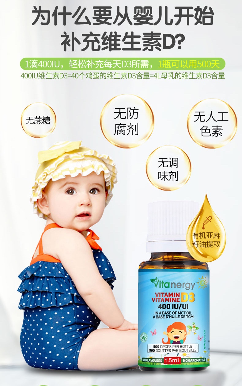 商品[国内直发] Vitanergy|【2023年4月到期】加拿大Vitanergy维生能婴儿儿童液体维生素D3滴剂 助力牙齿和骨骼生长15ML  | Liquid Vitamin D3,价格¥74,第3张图片详细描述