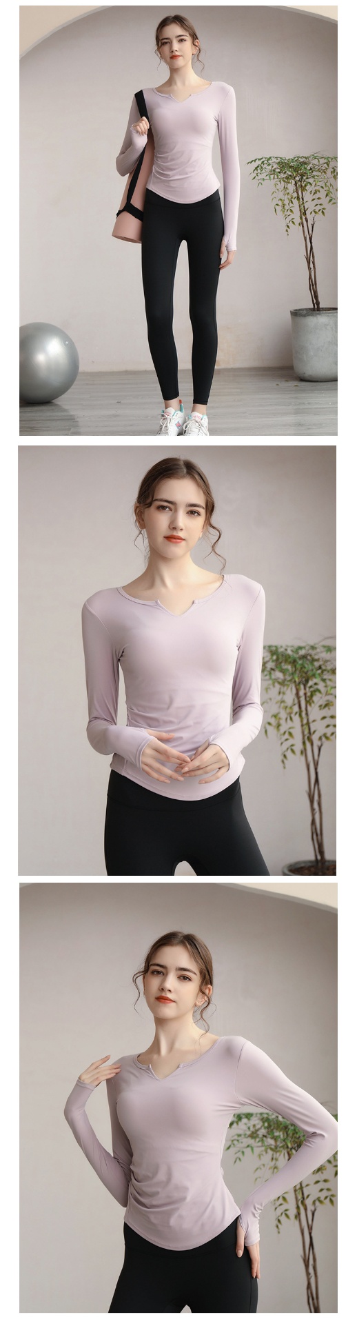 商品[国内直发] GLENVINTEN|格兰云顿新款v领长袖瑜伽服上衣女夏带胸垫速干运动舞蹈健身服t恤长款显瘦修身,价格¥258,第10张图片详细描述