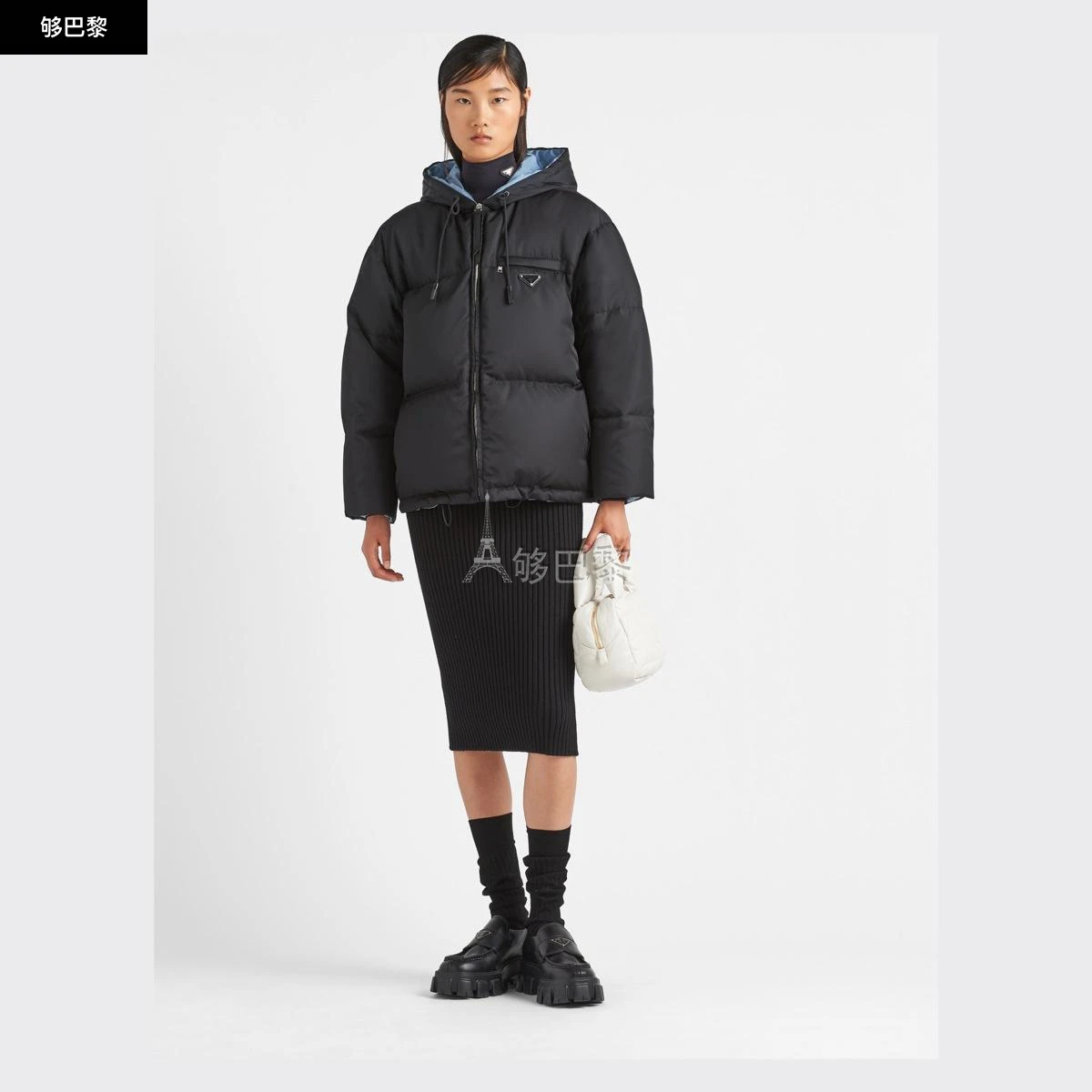 商品Prada|【预售】 普拉达 25秋冬 女士 羽绒服 Re-Nylon 再生尼龙华达呢连帽羽绒外套 29B408_11C9_F0002_S_222 ,价格¥18498,第4张图片详细描述