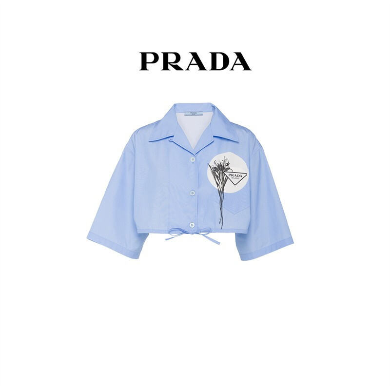 商品Prada|Prada 女士天蓝色棉质短袖衬衫 P459F-10N2-F0076,价格¥4492,第3张图片详细描述