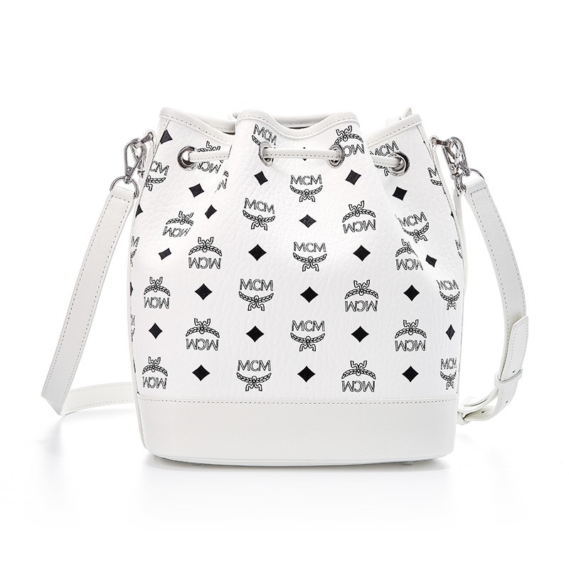 商品[国内直发] MCM|MCM女包奢侈品 女士Dessau Visetos系列白色印花LOGO人造革配牛皮革中号抽绳单肩斜挎包水桶包MWDCSDU02WT001,价格¥5917,第4张图片详细描述